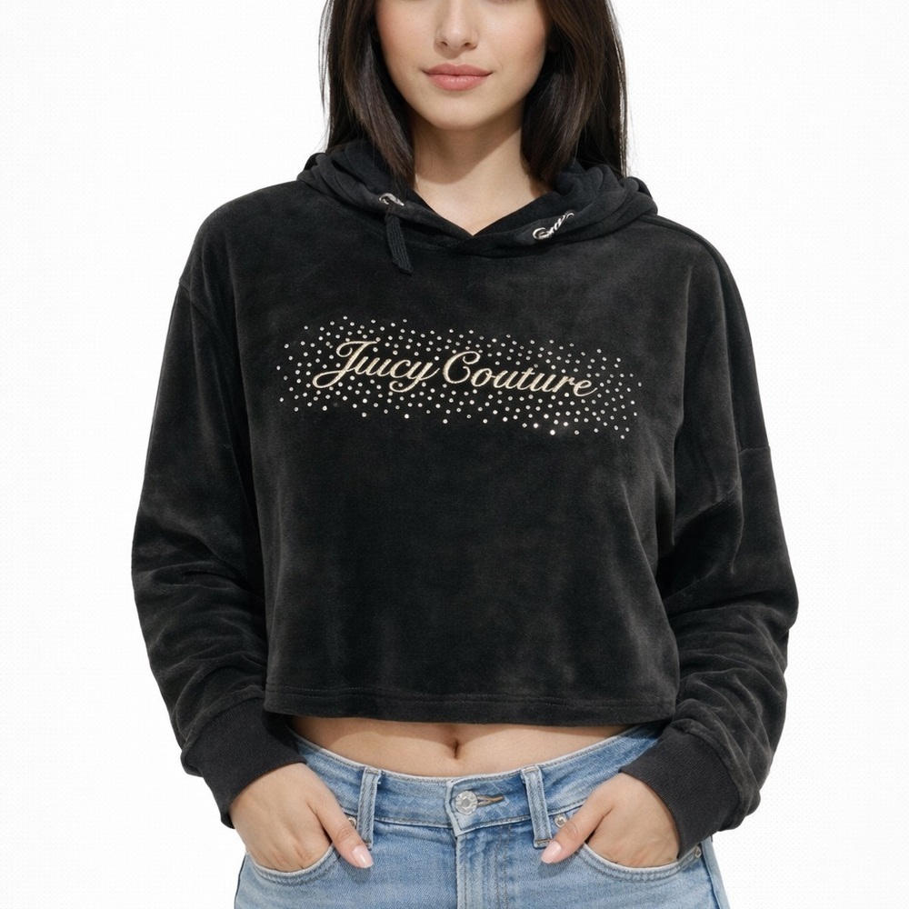 Juicy Couture OG Big Bling Velour Cropped Hoodie Sleepwear Black Rhinestone Logo